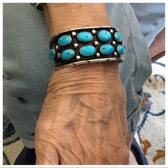 VTG PL BEGAY SHADOWBOX STERLING TURQUOISE CUFF - Picture 7 of 8